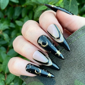 Press on nails, Black French, stick on nails, glue on nails, fake nails, false nails, witchy nails, gothic nails, moon and stars, moon nails