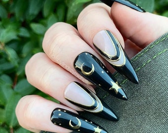 Press on nails, Black French, stick on nails, glue on nails, fake nails, false nails, witchy nails, gothic nails, moon and stars, moon nails