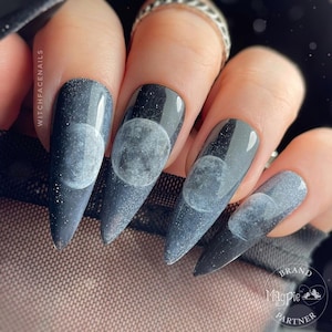 Press on Nails, moon phase press on nails, moon press ons, black glitter press ons, celestial press on nails, stick on nails, false nails