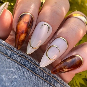 Press on nails, Milky white, sun and moon press ons, marble nails, witchy, celestial, moon phase, gold chrome, pagan, witches, hand painted