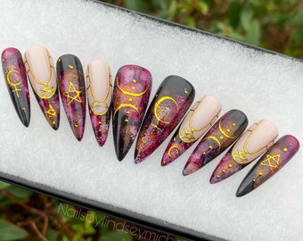 Press on nails, red nails, witchy nails, gold nails, nail art, celestial nails, pagans, witch, black nails, press ons, custom nails, gifts