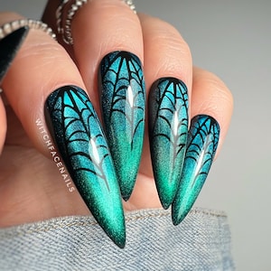 May include: Close-up of four fingernails with a teal and black spiderweb design. The nails are long and pointed.