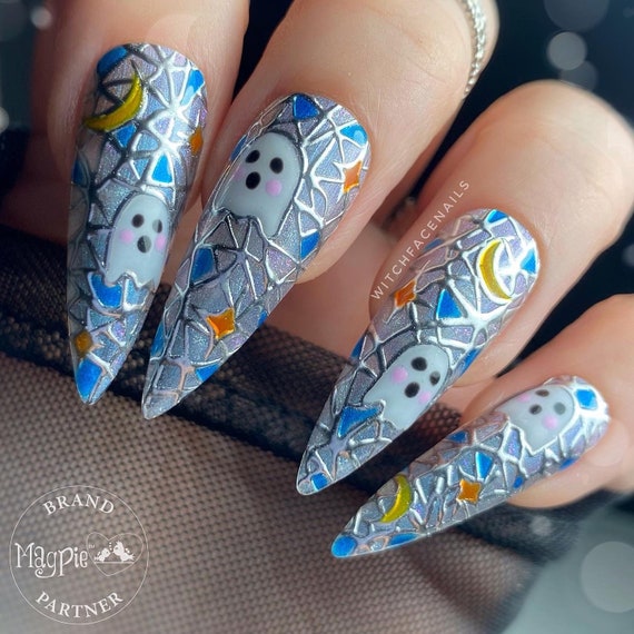 Press on nails, handpainted press ons, ghost accessories, stained glass nails, ghost nails, Halloween press on nails, Silver Chrome