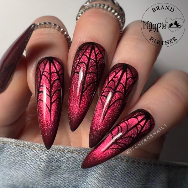 Press on nails, red velvet cat eye nails, Halloween press ons, spider web nails, light reflective nails, vampy nails, gothic nails, goth
