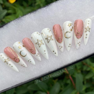 Press on nails, moon nails, witchy press on, pentagram press ons, opal iridescent, false nails, stick ons, vegan press ons, pagan nails