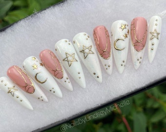 Press on nails, moon nails, witchy press on, pentagram press ons, opal iridescent, false nails, stick ons, vegan press ons, pagan nails