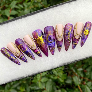 Purple Press on Nails, Gold sun and moons, Celestial, French, Witchy, Gothic, Custom, Galaxy, Gel X, Reusable, Vegan, Tarot reader, Wedding