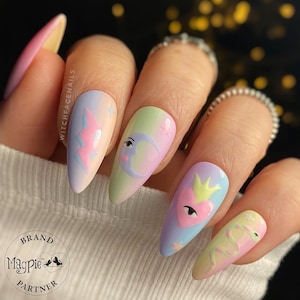 Press on nails, Pastel ombré nails, mushroom stick ons, glue on nails, fake nails, false nails, cute press ons, Kawaii nails, clouds nails