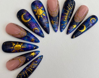 Press on Nails, blue Celestial, sun and moon, Witchy, Gold, French, Vegan, extra Short, Apres Gel X, Galaxy, Navy, Purple, Custom, Reusable