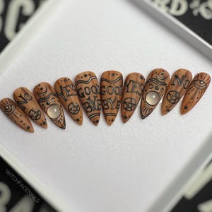 Ouija board Press on nails, Wooden planchette with 3D clear ball, Hand painted, Evil eye, Spooky, Gothic, Witchy, Spells, Goth Core, Horror