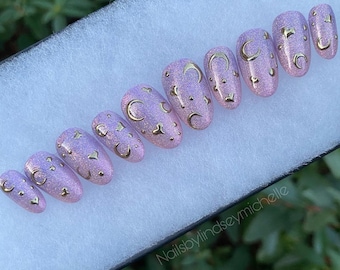 Press on nails, pastel, unicorn, ombré, moons, extra short press ons, celestial nails, gold hearts, glitter, chrome, pink, lilac, vegan, fae