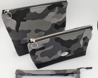 Camo, zipper pouch,  black water resistant canvas bottom, large, small and vinyl