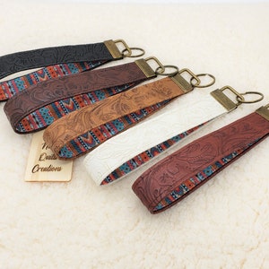 Southwest, Teal, multicolor, western vegan Faux leather key fobs wristlet, keychain, hands free, easy to find in bag