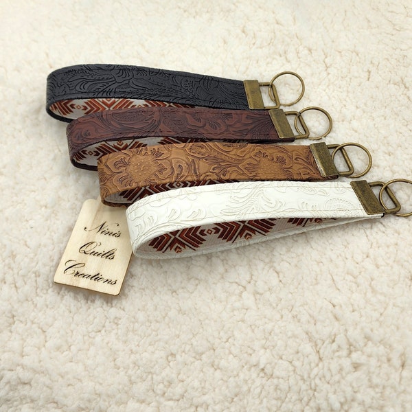 Southwest Arrow Diamond in neutrals, western vegan Faux leather key fobs wristlet, keychain, hands free, easy to find in bags.