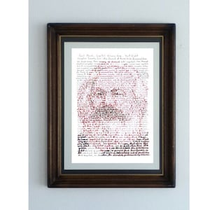Karl Marx, a handmade portrait with an excerpt of his book Capital (Das Kapital)