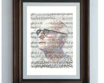 Ludovico Einaudi, an illustrated portrait of the brilliant contemporary composer and piano player with the sheet music Nuvole Bianchi