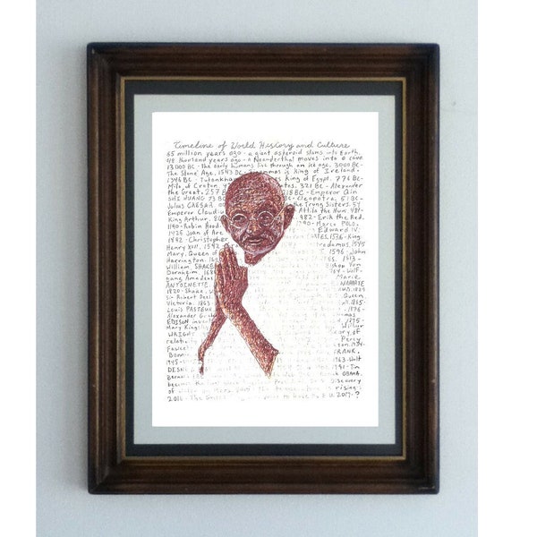 Gandhi-Poster, ein handgefertigtes Porträt des Mahatma Mohandas Karamchand Gandhi, Timeline-Posterserie von Professor Foolscap