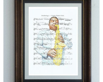 Charlie Parker poster, a portrait of Bird, legendary bebop saxophone player, with the composition of his solo from Ornithology