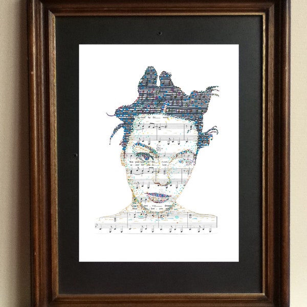 Bjork, an illustrated portrait of the brilliant singer songwriter, designed in the sheet music of Bachelorette