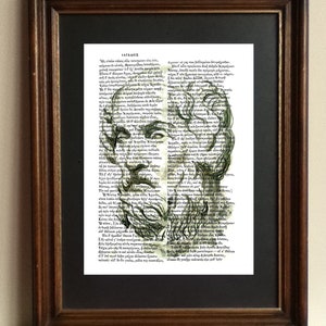 Homère, dans ses propres mots, un portrait fait main du grand conteur avec une page de L&#39;Iliade en grec original