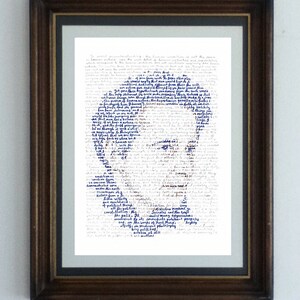 May include: A framed print of a portrait created using a blue ink silhouette of a person's face. The silhouette is made up of words and phrases, creating a unique and artistic design.