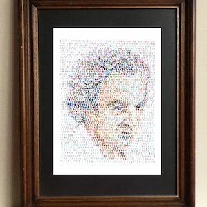 May include: A framed portrait of a person's face made up of numbers. The numbers are in different colours and sizes, creating a pixelated effect.