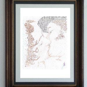 Pride and Prejudice poster, a double portrait of BBC film version Elizabeth and Darcy, with original text from Jane Austen&#39;s novel
