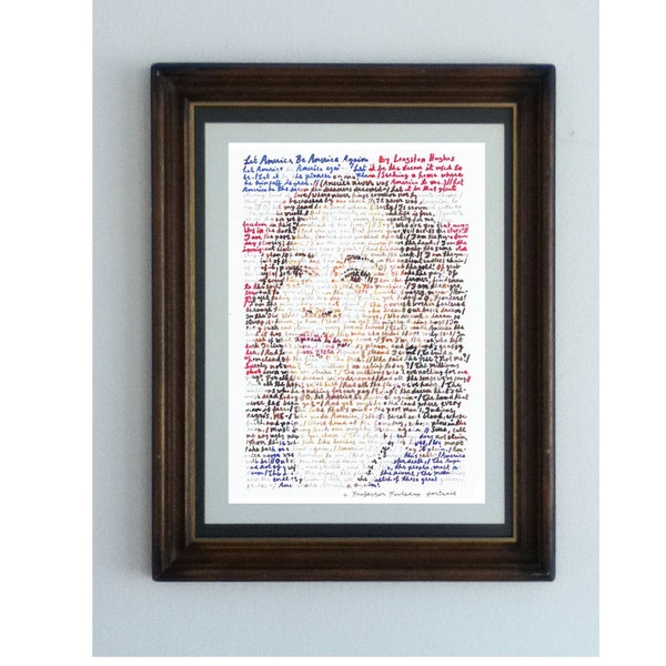 Kamala Harris, portrait of the new Vice-President, designed in the full text of Let America Be America Again by Langston Hughes