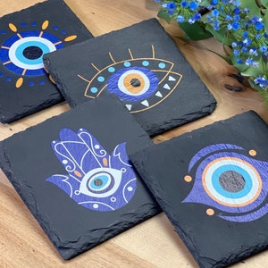 Evil Eye Slate Coasters Set of Four, Evil Eye Protection Decor, Hamsa Stone Coaster, Nazar Decor, Rustic Barware, Spiritual Decor