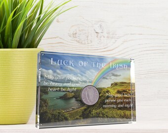 Luck of the Irish Plaque, Christmas Gift for Irish Home, Acrylic Coin Holder Display, Lucky Coin, Gift from Ireland, Irish Heritage Decor