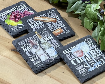 Wine Themed Slate Coasters Set of Four, Unique Barware Gifts, Printed Coasters, Wine Lover Gift, Wine Decor for Table, Drinkware Gift