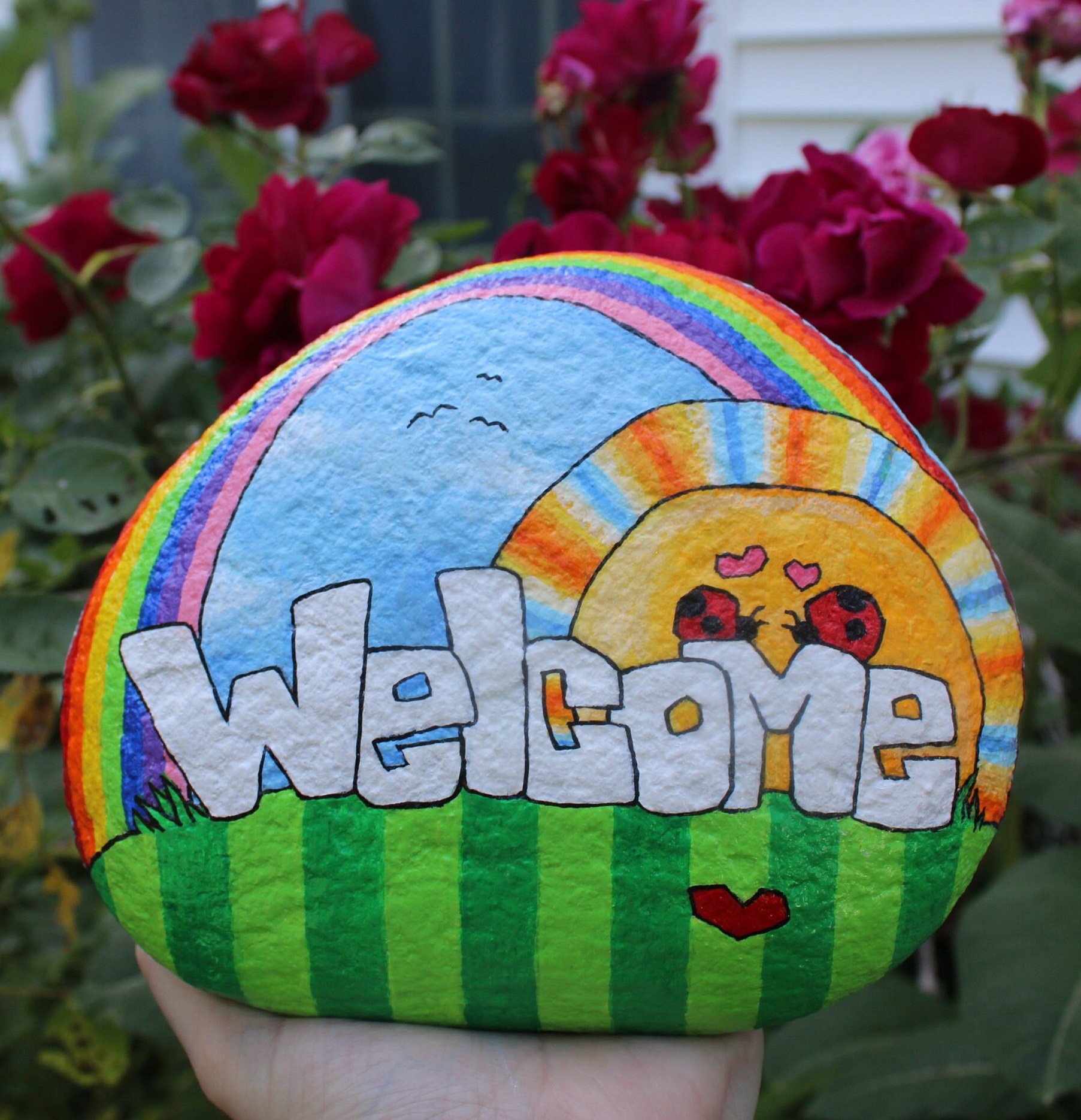 Flowered Welcome Rocks Hand Painted Welcome Art Rock~ Lady Bug/ Love/ Rainbow~ Stone~ Garden ...