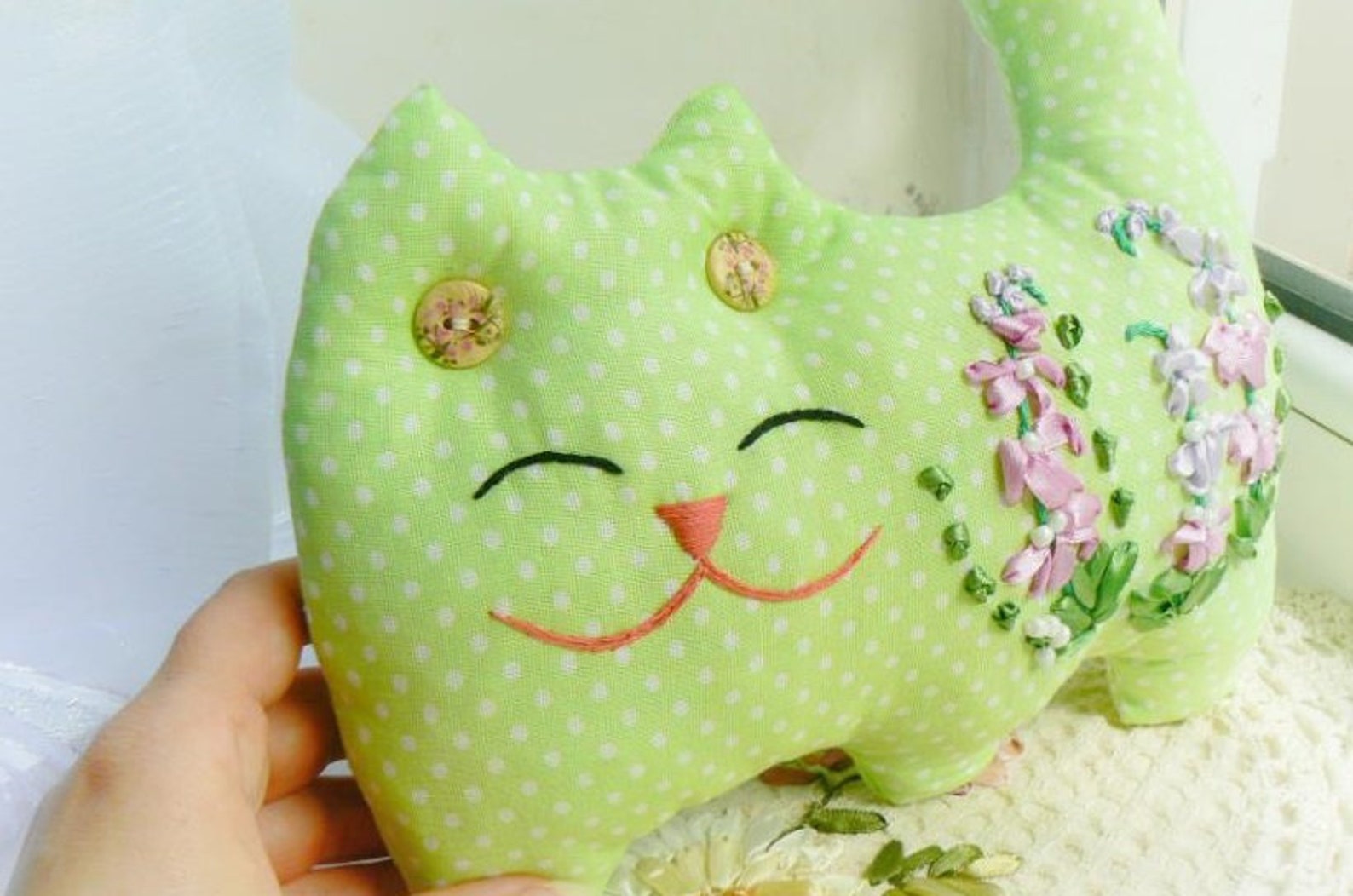 This soft cat toy in light green color is made of ECOfriendly Etsy