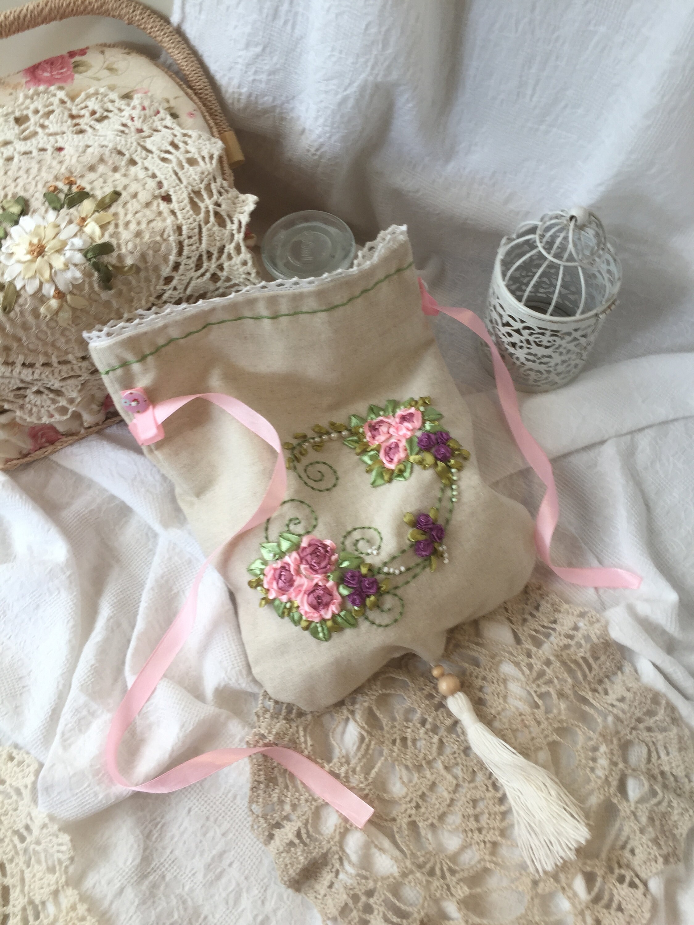 Linen bag with floral embroidery 11/8. 5 inches.For storing Etsy