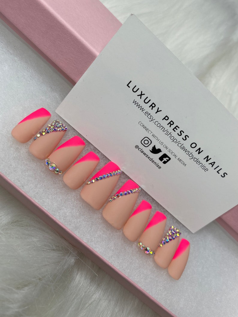 Hot Pink French Tip Press on Nails Luxury Press on Nails | Etsy