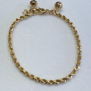 18k Solid Yellow Gold Rope Chain Bracelet, 2.5mm Twisted Rope Link with Charms, 6 Inch + 0.25" Extension