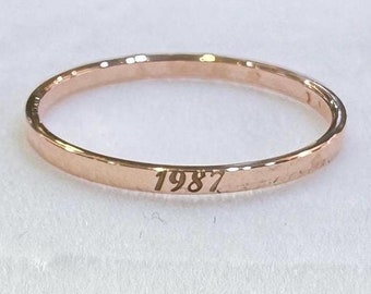 Personalized 14k Thin Band Ring, Engraved 14k Solid Rose Gold Ring, 1.5mm Custom Gold Square Band, Stackable Wedding Band Ring