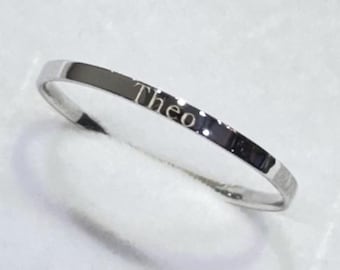 Personalized 14k Thin Band Ring, Engraved 14k Solid White Gold Ring, 1.5mm Custom Gold Square Band, Stackable Wedding Band Ring