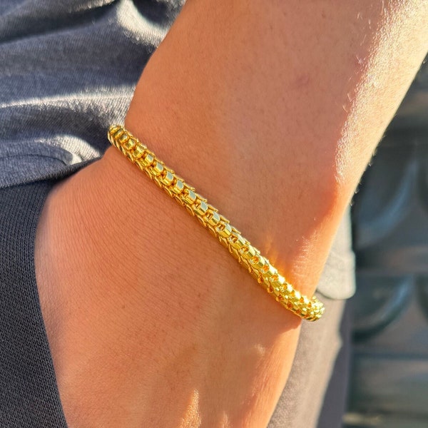 24k Solid Yellow Gold Men's Franco Bracelet, 5MM Franco Link Chain Bracelet in 999.9 Pure Gold, Handmade Real Gold Bracelet for Him, 7.5"