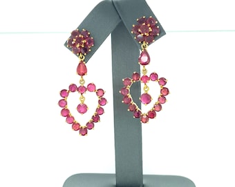 14k Solid Yellow Gold Dangle Heart Stud Earrings, Large Cluster Women Earrings Natural Ruby, July Birthstone, Flower and Love Inspiration