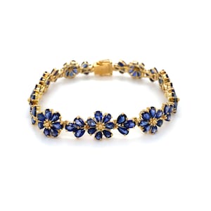 14k Solid Gold Flower Sapphire Bracelet, Flowers and Petals Link Bracelet in 14k Yellow Gold, Natural Sapphires Gemstone, 7 Inch