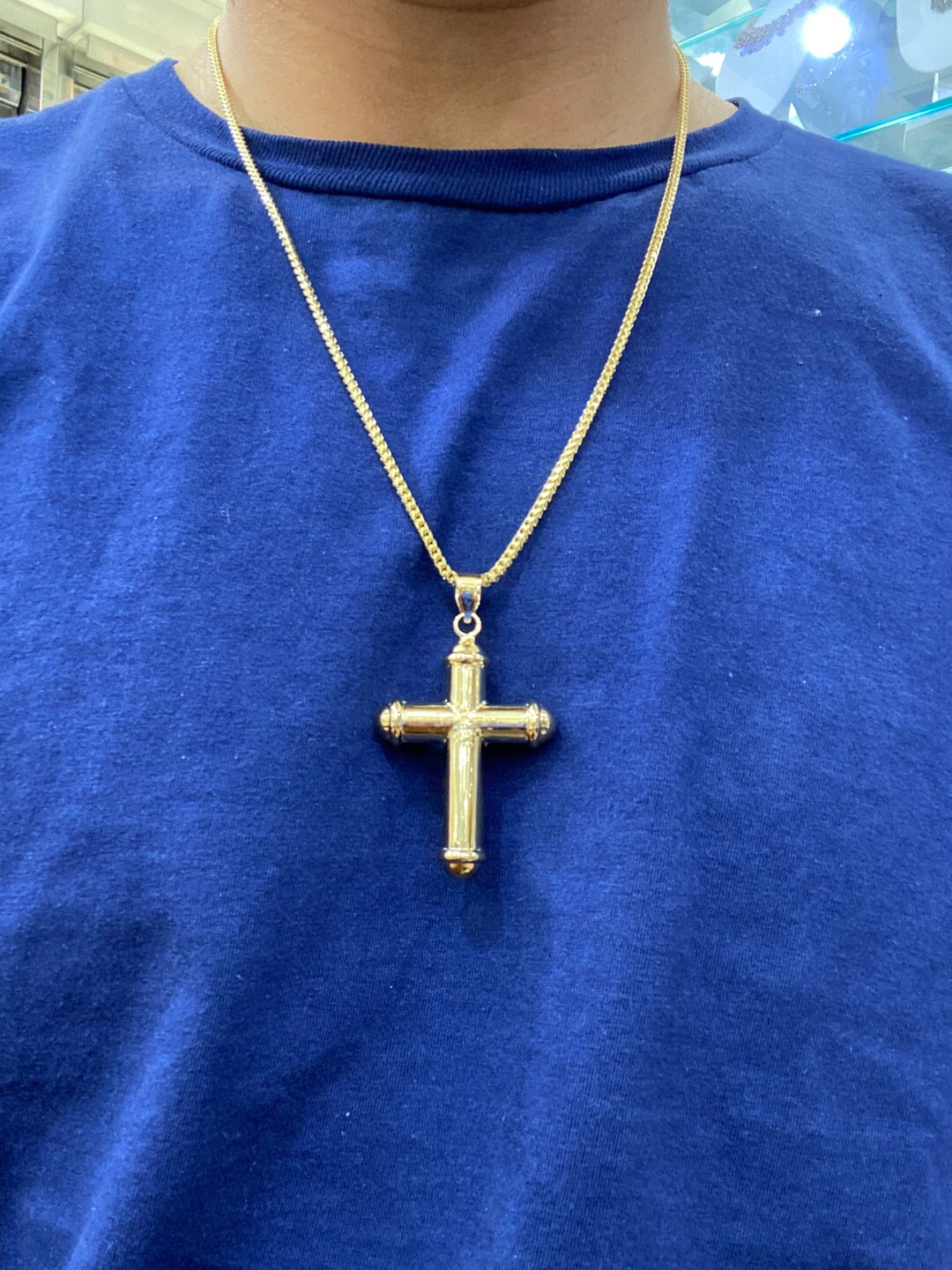 18k Solid Yellow Gold Plain Cross Pendant, Large Tube Cross Pendant