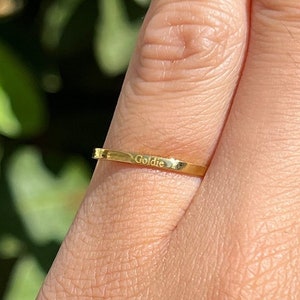 Personalized 24k Thin Band Ring, Engraved 24k Solid Yellow Gold Ring, 1.5mm Custom Gold Square Band, Stackable Wedding Band Ring