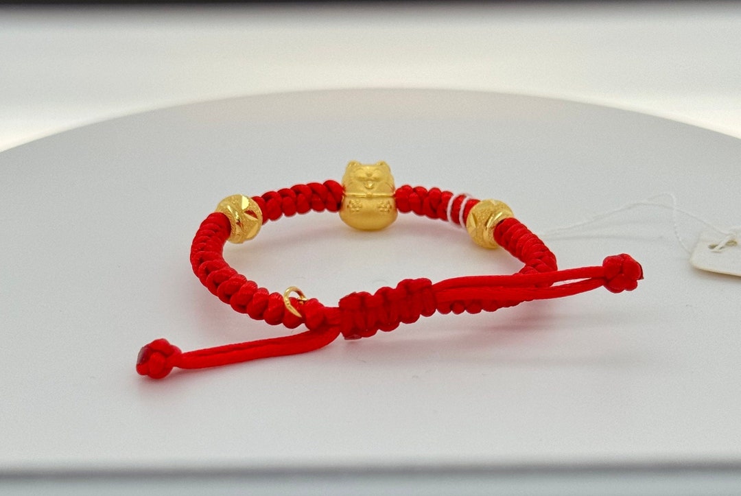 24k Solid Yellow Gold Baby Charm Bracelet, Lucky Cat and Ball Beads ...