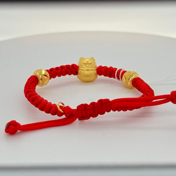 24k Solid Yellow Gold Baby Charm Bracelet, Lucky Cat and Ball Beads with Red Cord Link, Adjustable Wristband for Newborns and Children