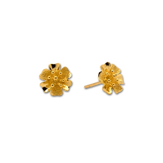 24k Solid Yellow Gold Flower Push Back Earrings, Floral