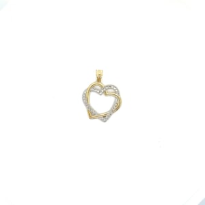 Tweekleurige dubbele harthanger, 10k massief goud met twee harten, wit en roségoud, 1,15 gram
