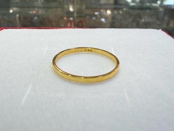 Personalized 24k Thin Band Ring, Engraved 24k Solid Yellow Gold Ring, 1.5mm Custom Gold Square Band, Stackable Wedding Band Ring
