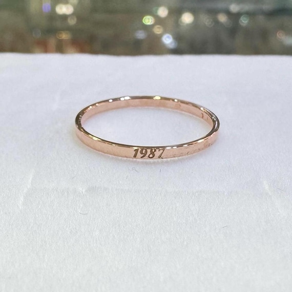 Personalized 14k Thin Band Ring, Engraved 14k Solid Rose Gold Ring, 1.5mm Custom Gold Square Band, Stackable Wedding Band Ring