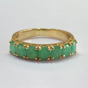 14k Solid Yellow Gold Seven Stone Emerald Ring, Natural Emerald Non-Enhanced, Oval Cut Stones, Handcrafted Delicate Ring for Her